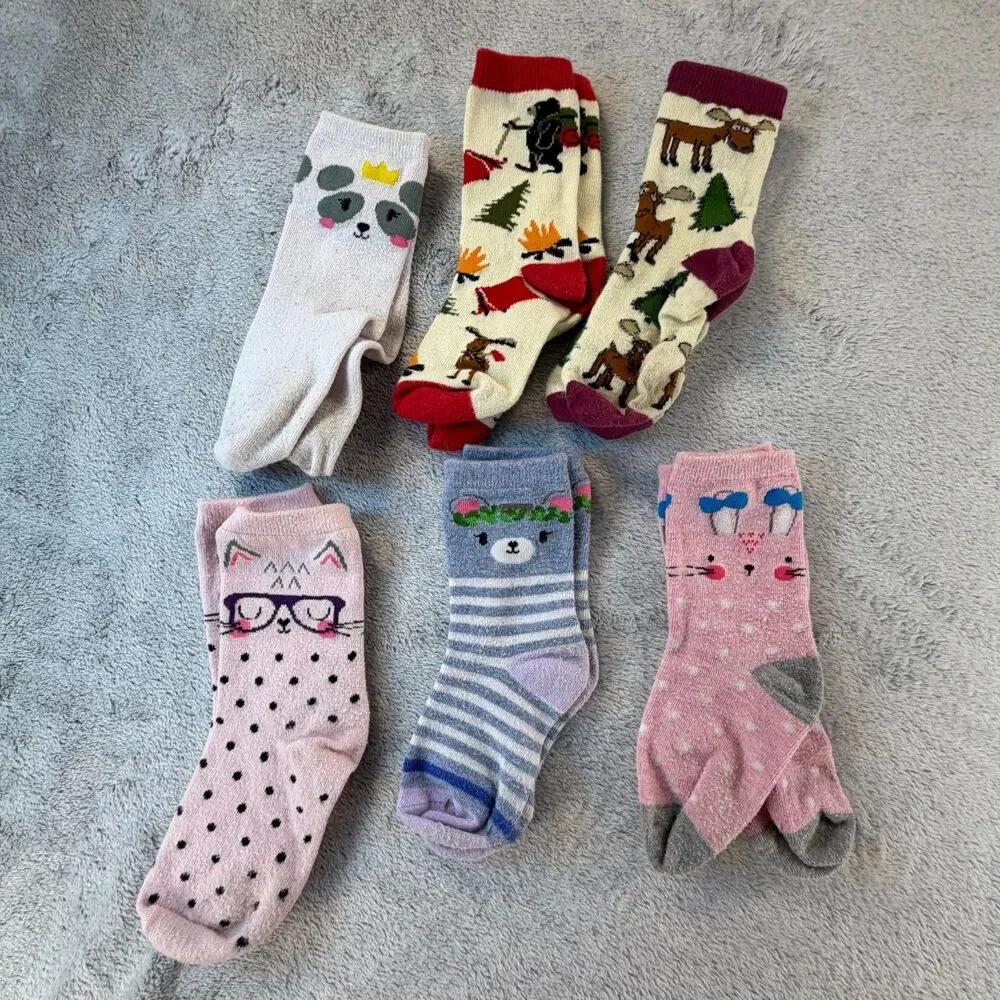 Girls Novelty Sock Lot of 6 Animal Crew Socks Mixed Brands Size M 9-1